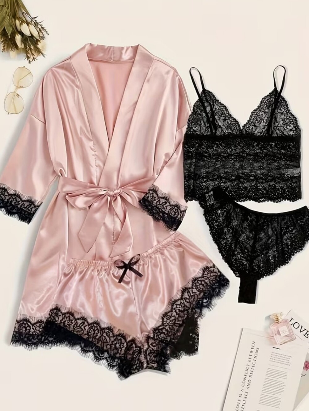 4pc Silky Pale Pink Satin Robe & Lace Sleep Set Robe Bra Panties Boy Shorts